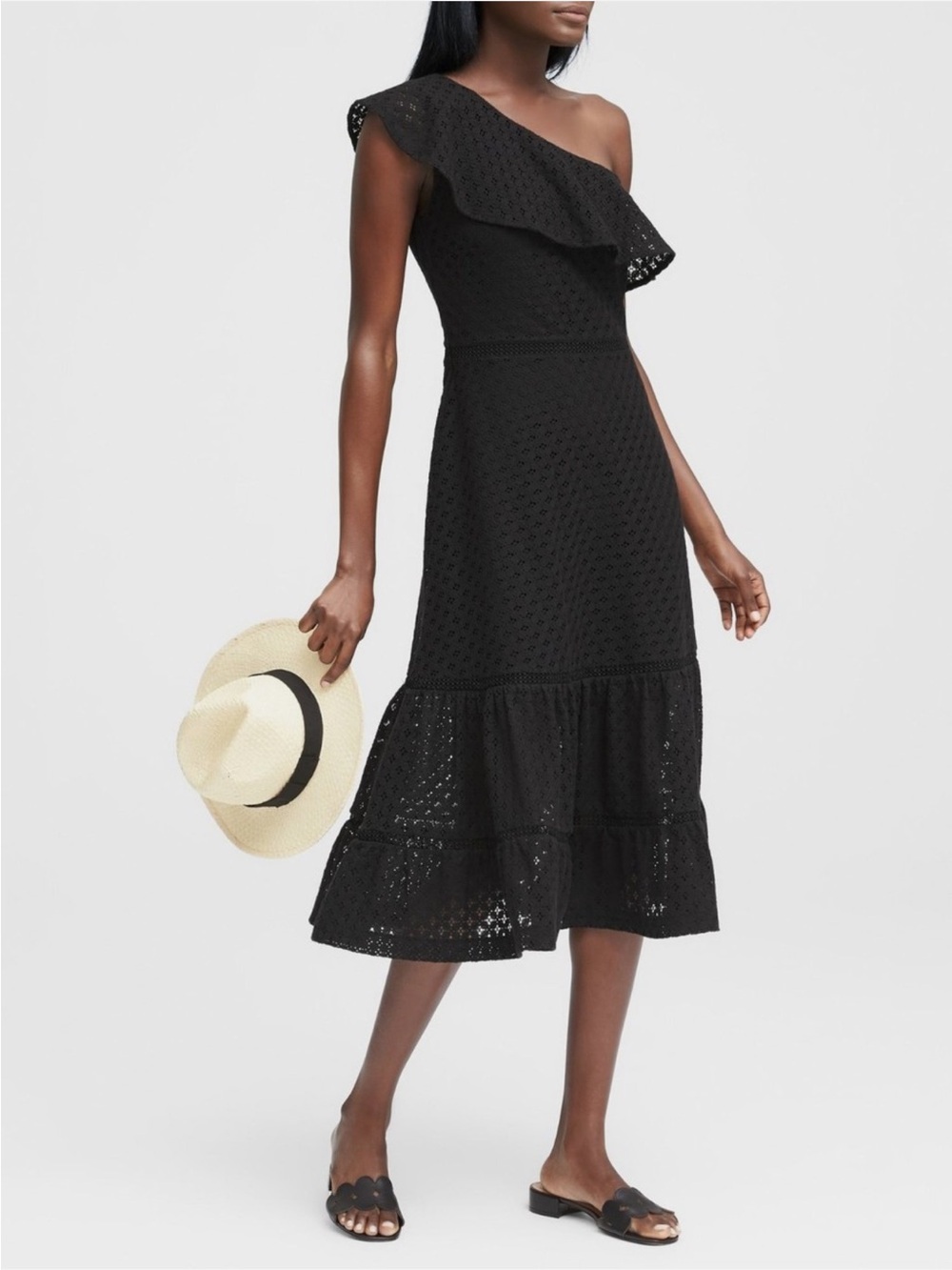 Banana Republic One-Shoulder Eyelet Midi Dress in Black
